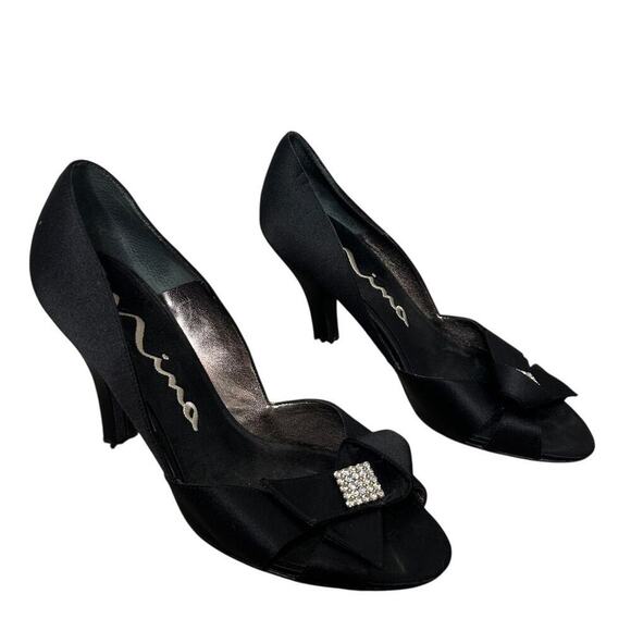 Nina Sze 9 Black Satin Rhinestone Bow Peep Toe Stiletto Heels Formal Classy Pump - Picture 6 of 11